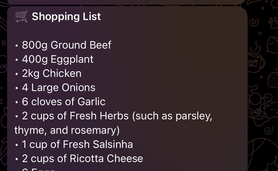 A consolidated, scaled shopping list generated by the Chef agent and
delivered via the Telegram API